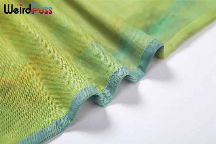 Weird Puss Mesh Tie Dye Straight Pants Women Sexy Summer Trend See Through Thin Skinny Streetwear Wild Elastic Activity Bottoms
