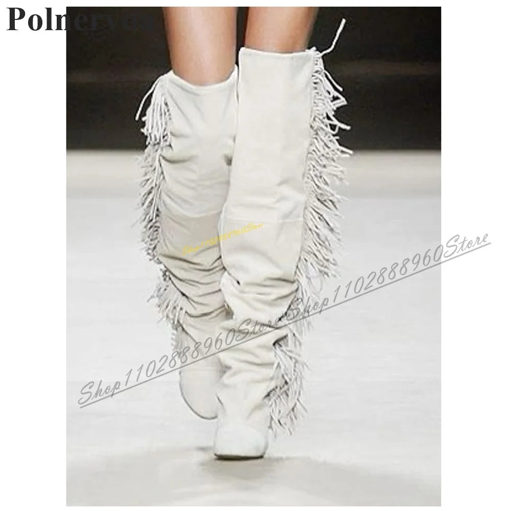 Catwalk Knee High Black Tassels Boots Wedges High Heel Shoes For Women Slip On Pointed Toe 2024 Fashionable Zapatos Para Mujere