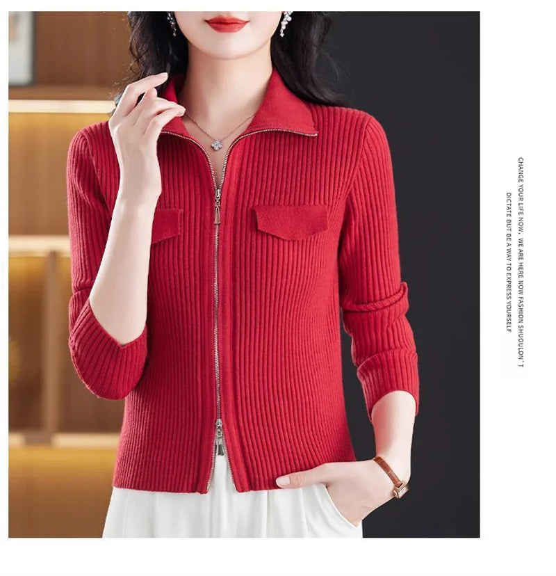 Fashion Zipper Short Knitted Cardigan Sweater 2025 Spring Autumn New Korean Versatile Coat Top Turn-Down Col Sweater Solid Color