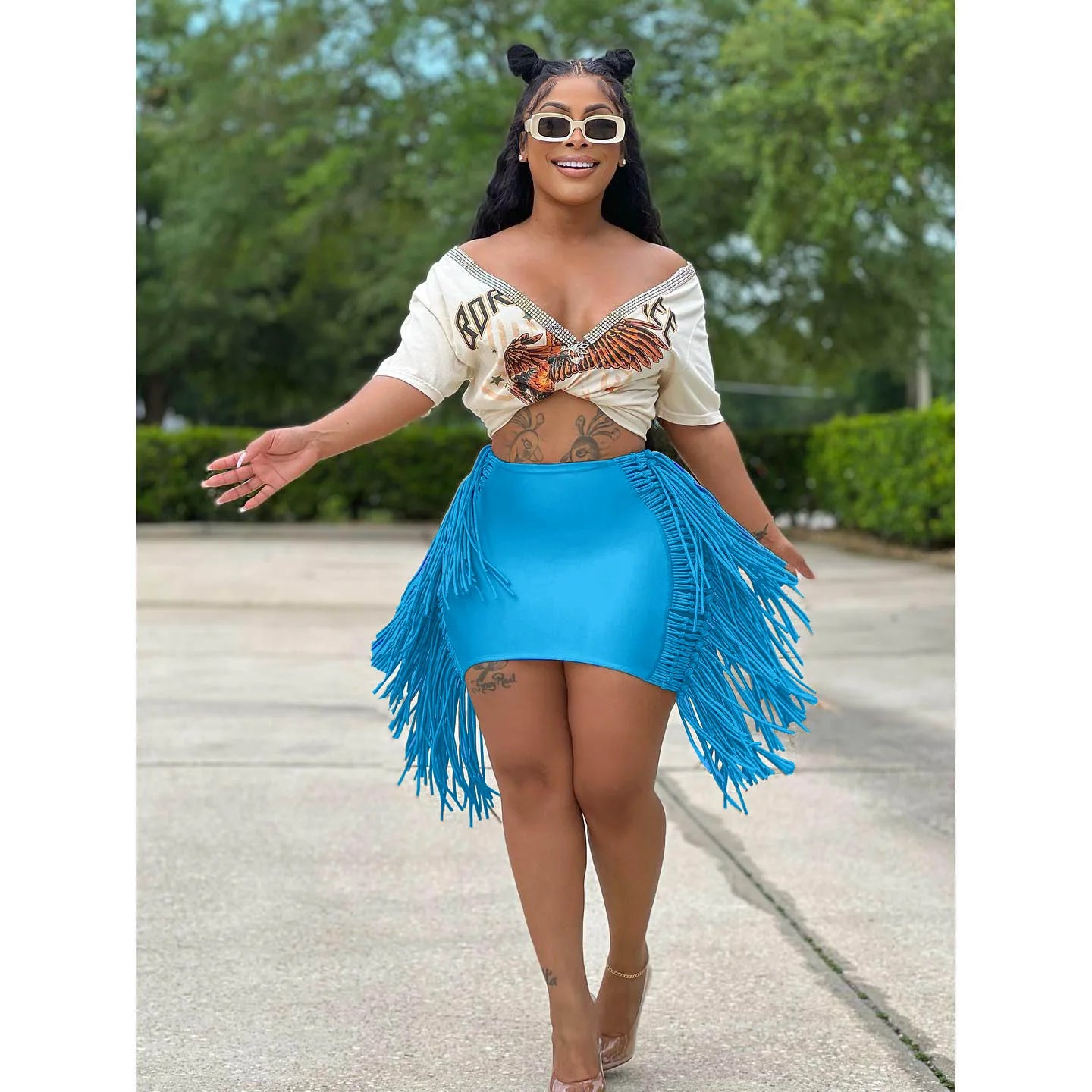 FAGADOER Sexy Tassel Bodycon Mini Skirts Party Club Outfits Women Fashion Chic Streetwear Short Birthday Holidays Skirt Solid