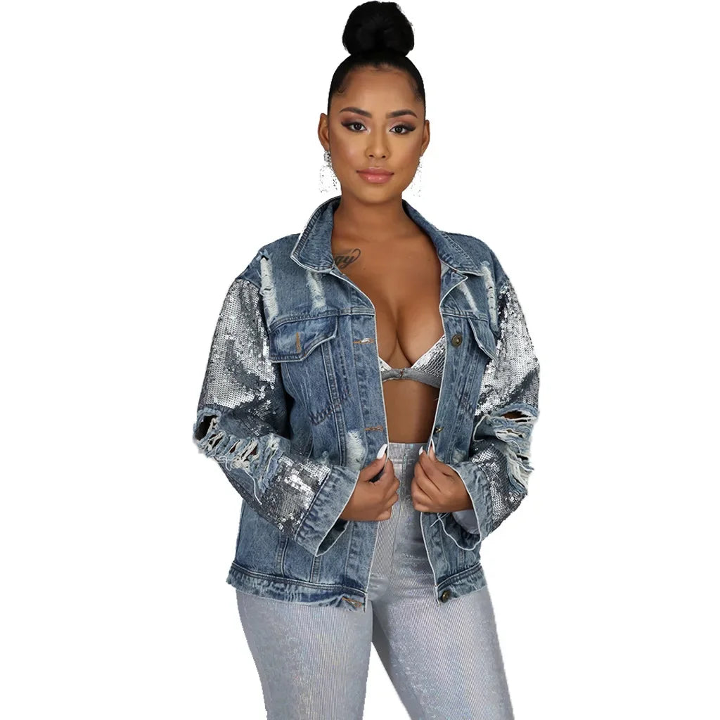 Jackets Women Denim Coat Hole Sequins Patchwork Single Breasted Turn Down Collar Y2k Vintage Streetwear 2025 Autumn Outerwear