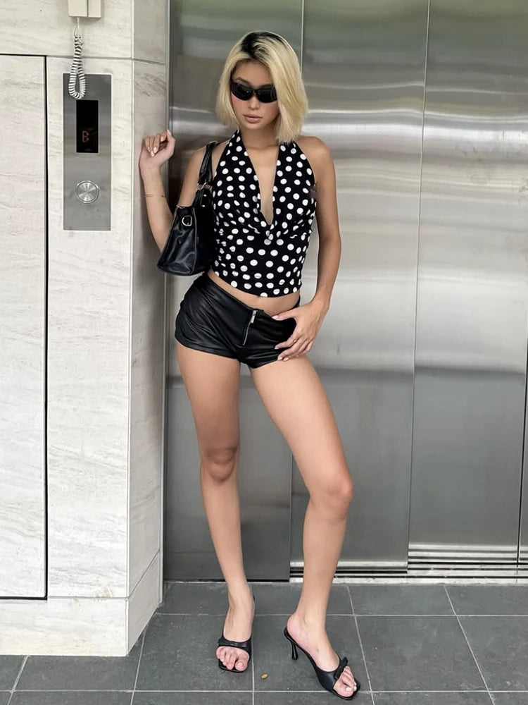 Weird Puss Polka Dot Print Tank Top Women Y2K Halter Swing Collar Backless Skinny Hottie Summer Midnight Street Basic Wild Vest