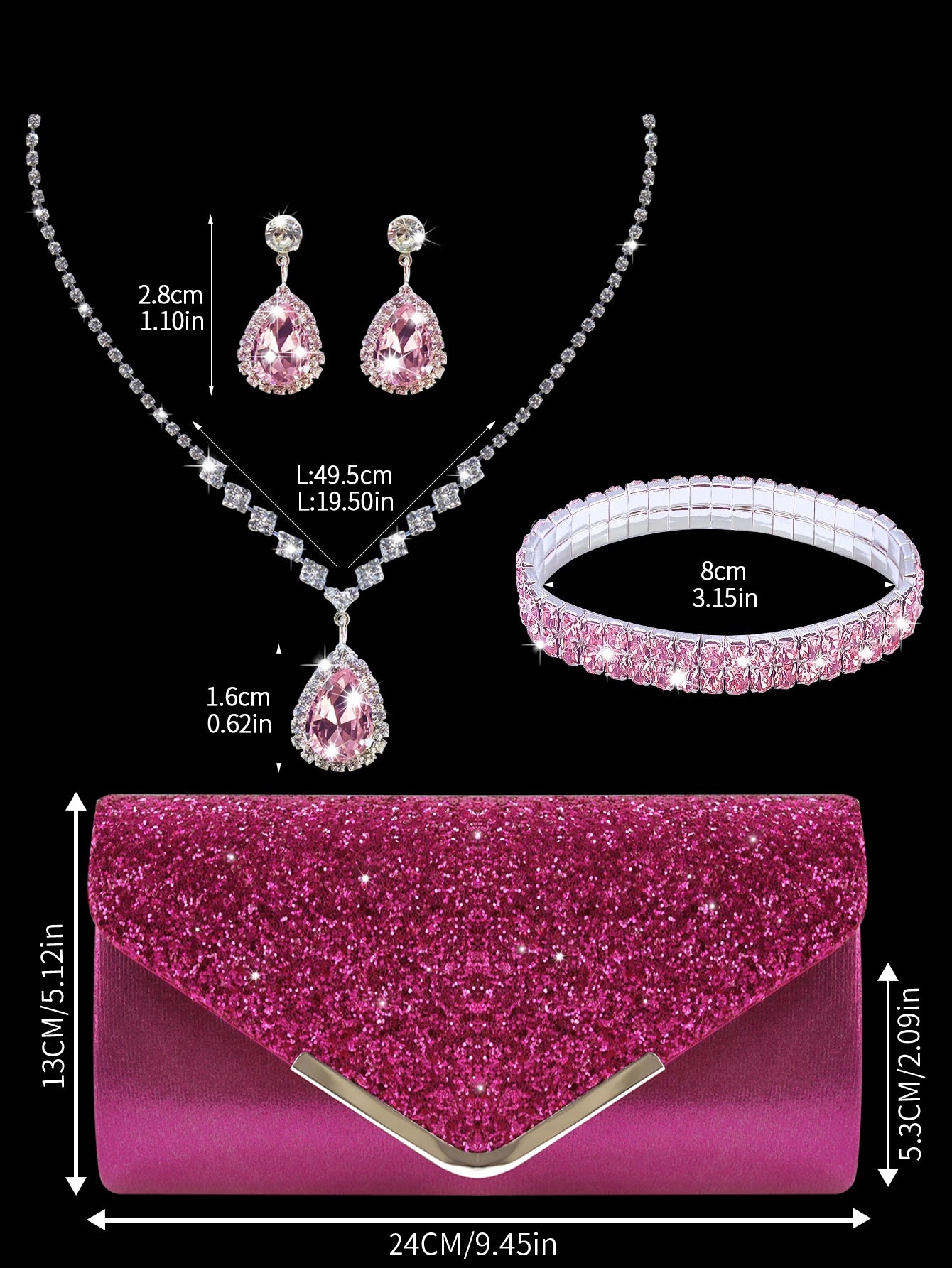 Sparkling and luxurious sequined evening clutch for women, paired with a gorgeous rhinestone necklace, earrings and bracelet set