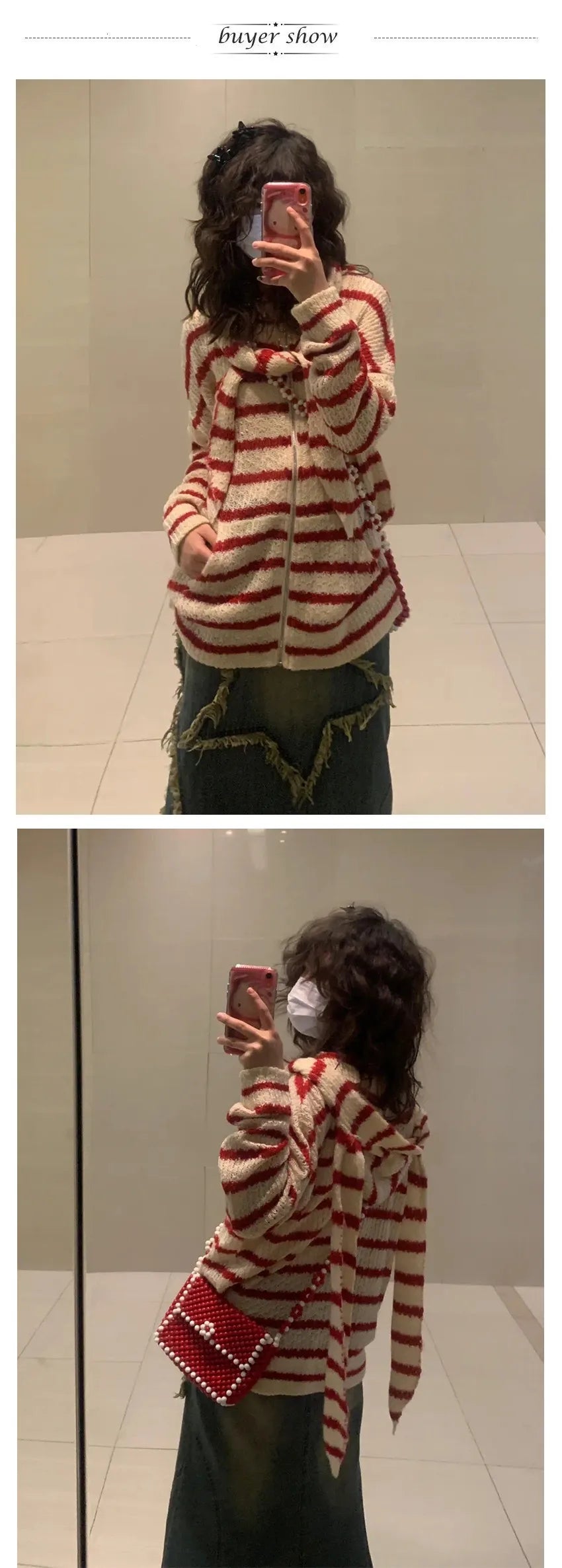 Karrram Japanese Y2k Hooded Cardigan 2000s Aesthetics Rabbit Ears Zipper Knitwear Vintage Harajuku Red Stripe Sweater Grunge
