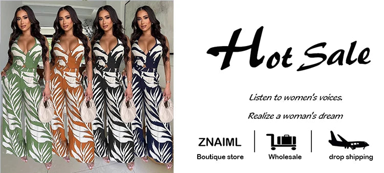 Znaiml Sexy Boho Leaf Printed Wide Leg Pants Sets for Women Halter Sleeveless Crop Tops and Trousers Two 2 Piece Vacation Outfit