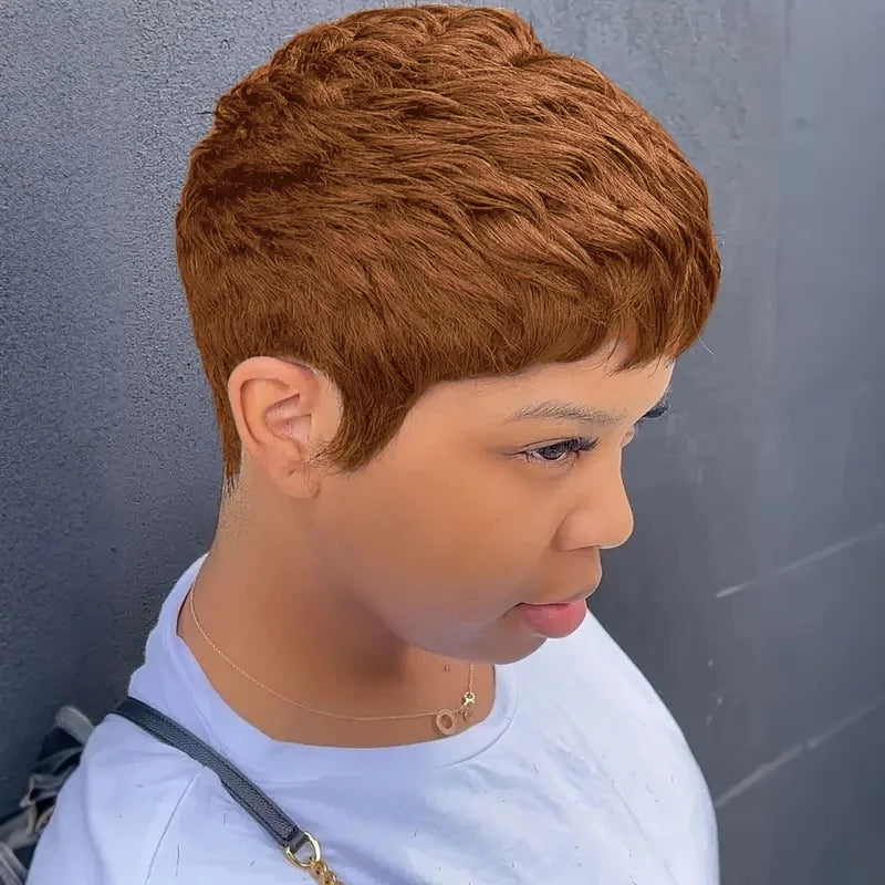 Women's Pixie Cut Wig 6 Inch Brazilian Remy Wavy Human Hair Layered Style Natural Look for full Machine wig