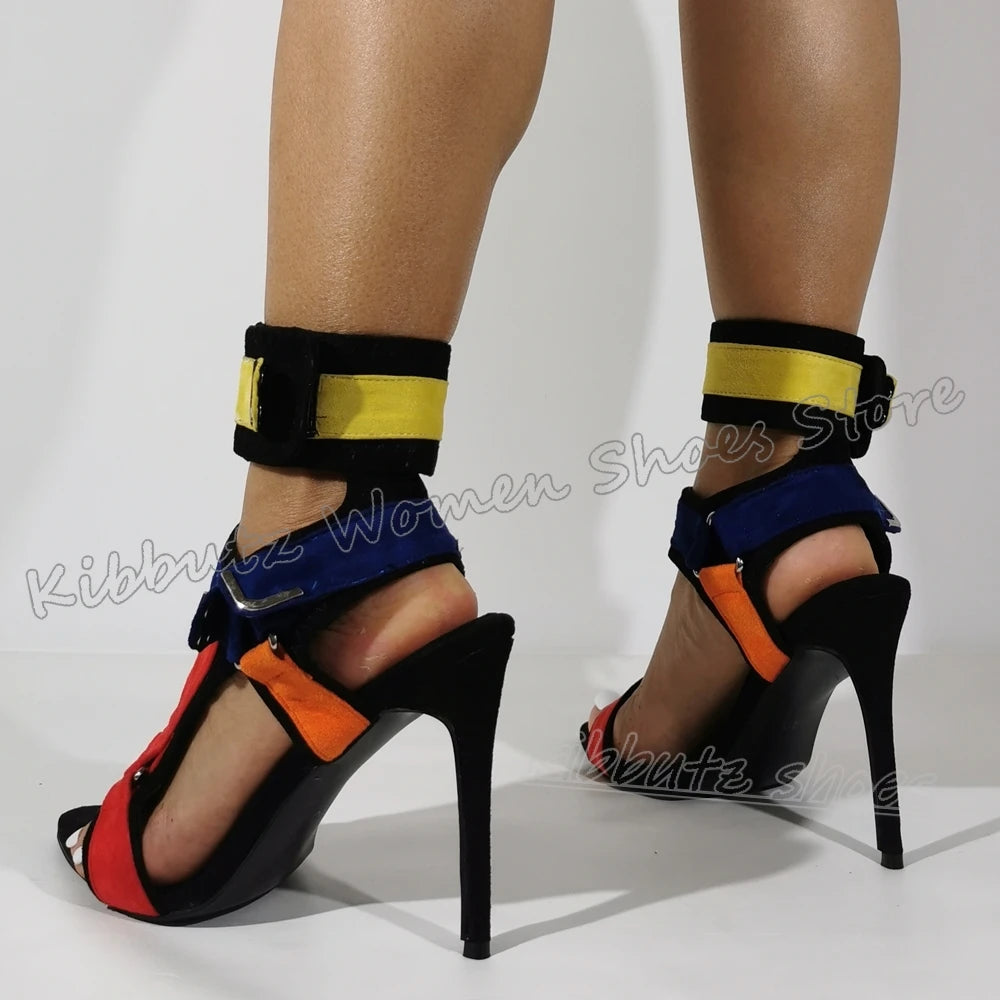 Hook&loop Patchwork Sandals Buckle Strap Pointy Thin Heels Fashion Luxury Elegant Comfortable Novelty Women Shoes Newest Leather