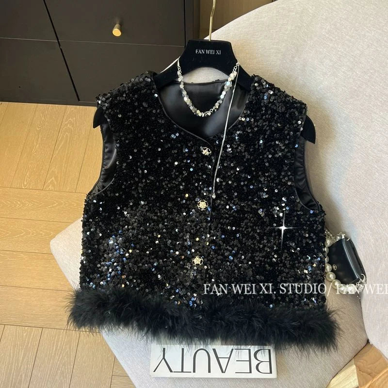 Elegant Retro Chinese Style Sequined Knit Vest for Women