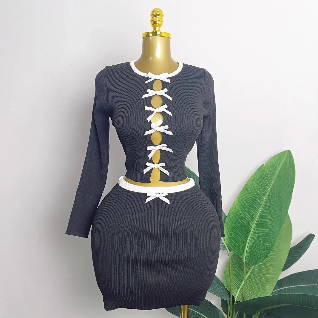 CM.YAYA Knit Ribbed Women's Set Long Sleeve Bowknot Tops and Mini Skirts 2025 Street Party Two 2 Piece Sets Outfits Tracksuits