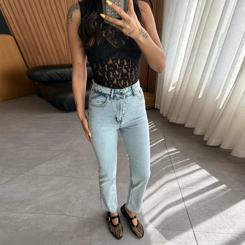 Women's Casual O Neck Sleeveless Irregular Tees 2025 Summer Solid Color Waist Blouses Perspective Lace Slim Fit Club Party Tops