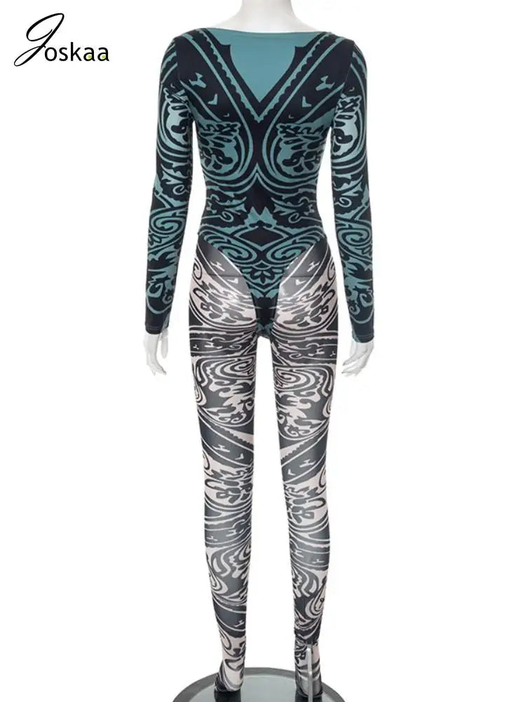 Joskaa 2025 Women's Abstract Print Two Piece Set Sexy Round Neck Long Sleeve Bodysuit + Skinny Pants Matching Y2K Streetwear