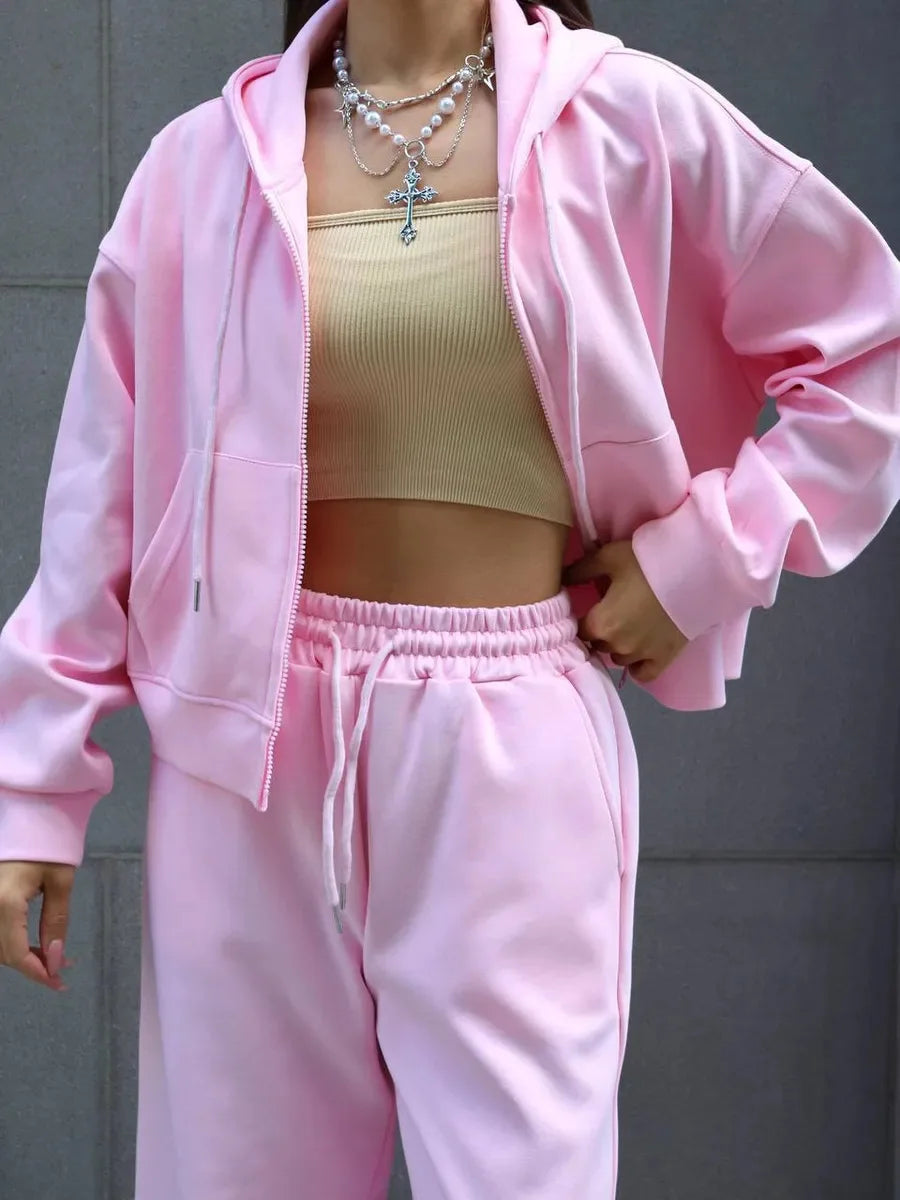 FSMG Casual Hooded Zippers Sweatshirts Pants Set Long Sleeved Cardigan Lace-up Sportswear Two Pieces Set Female Tracksuit Suit