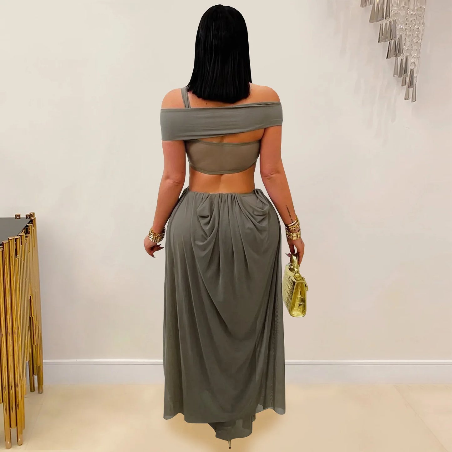 Joskaa 2025 Women's Elegant One Shoulder Strapless Mesh Irregular Maxi Dress Sexy Hollow Backless Skinny Evening Gown Clubwear