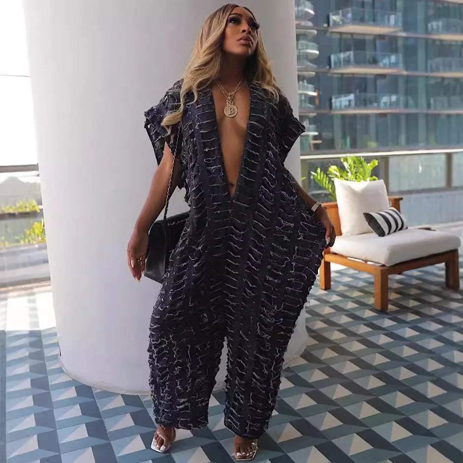 CM.YAYA Women Cutout Hollow Out Deep V-neck Loose Straight Wide Leg Denim Jumpsuit Jeans 2024 Sexy Street  One Piece Suit Romper