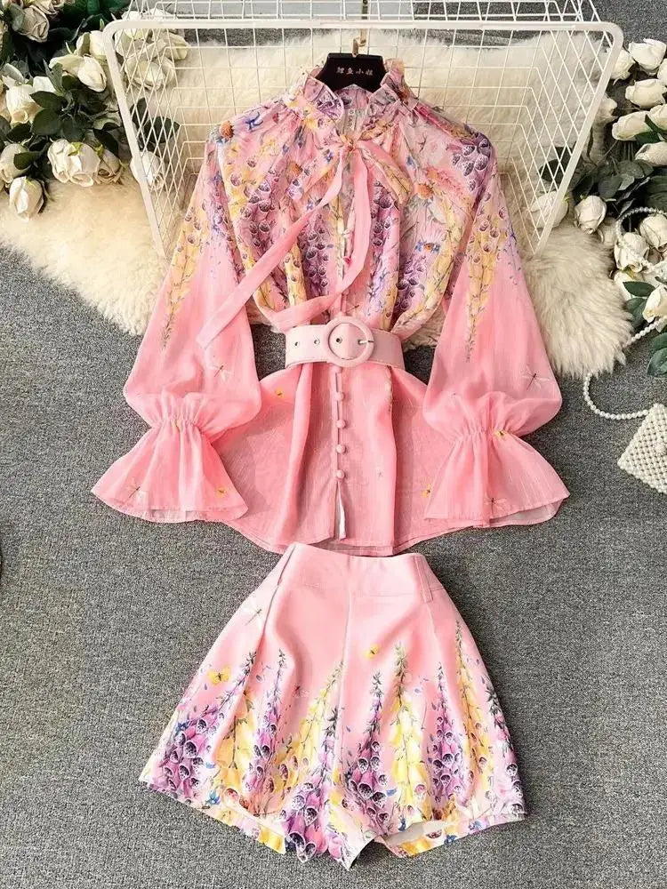 Women's Outfits Bright Silk Chiffon Shirt Blouse Top + Belt Shorts Two Piece Sets Summer Holidays Lavender Flower Shorts Suit