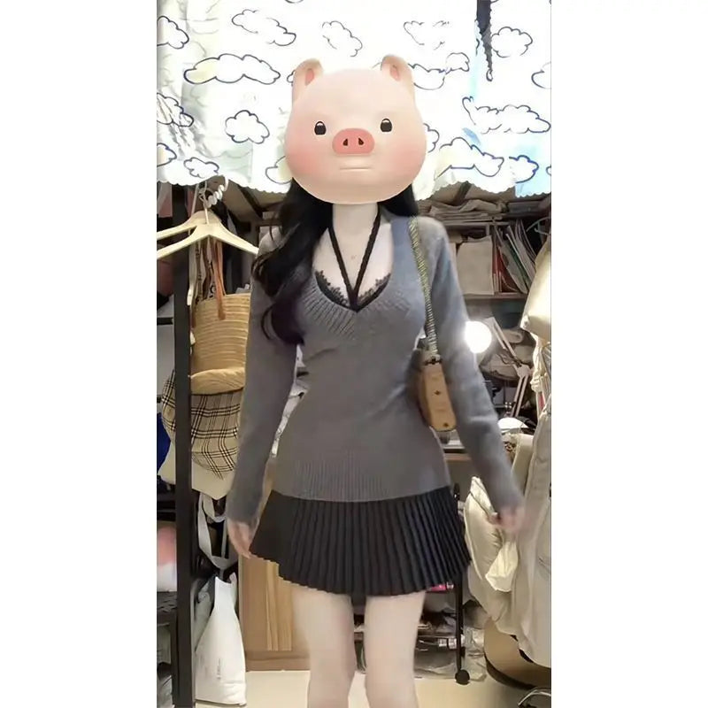 2025 New Spring and Autumn New Chinese Style Chest Show Big and Thin Top V-neck Sweater+Lace Inner+Short Skirt 3-Piece Set