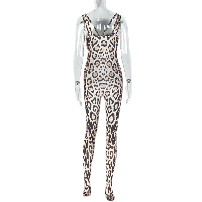 Joskaa Leopard Print Jumpsuits Women Hipster Sexy Spaghetti Strap Sleeveless Body-Shaping Rompers 2025 Party Clubwear Streetwear