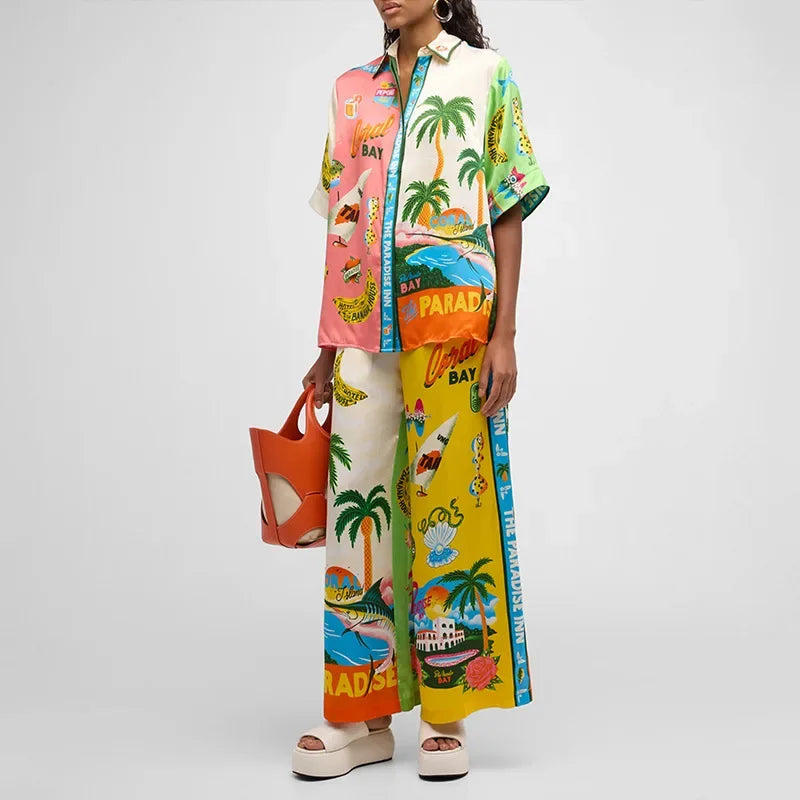 Long Sleeve Long Pant Sets Women Retro Lapel Single Breasted Blouses Trousers 2 Piece Set Printed Color-blocking Elastic Waist