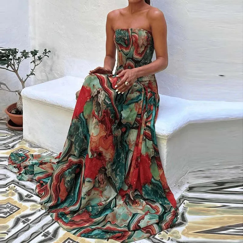Casual Vacation Sleeveless Bohemian Dress New Summer Off Shoulder Evening Dress Pattern Printed Strapless High Waist Women Dress