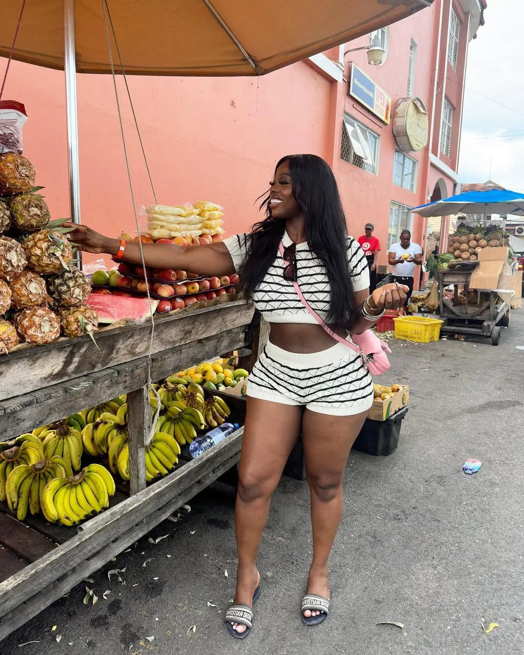 CM.YAYA Women's Set Short Sleeve Top and Shorts 2024 Summer Two 2 Piece Set Outfit Striped Knitted Ribbon Beach Tracksuit