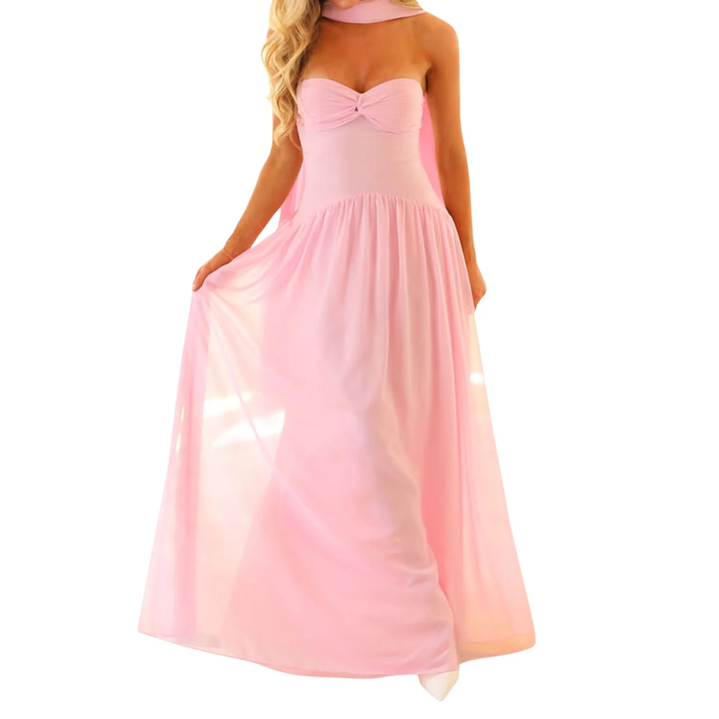Women Long Dress Solid Color Tube Dress Summer Fashion Backless Casual Strapless Dress with Choker Scarf