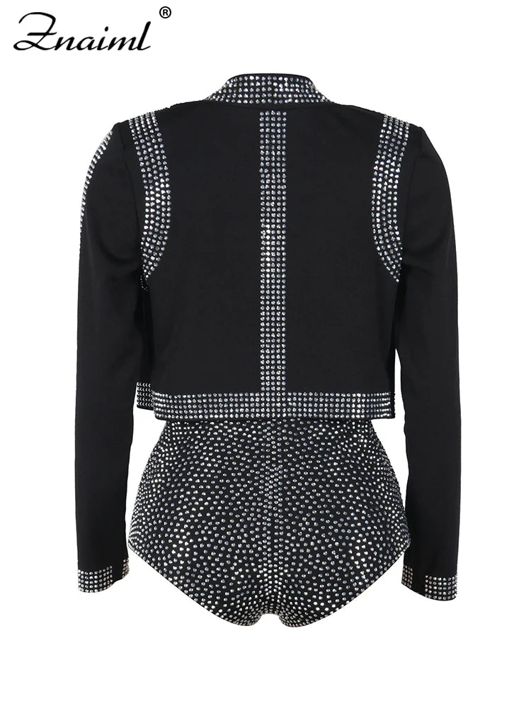 Znaiml Luxury Black Rhinestone Outfits Women Jacket Bra Crop Top and Shorts 3 Pieces Set Elegant Birthday Night Club Prom Suits