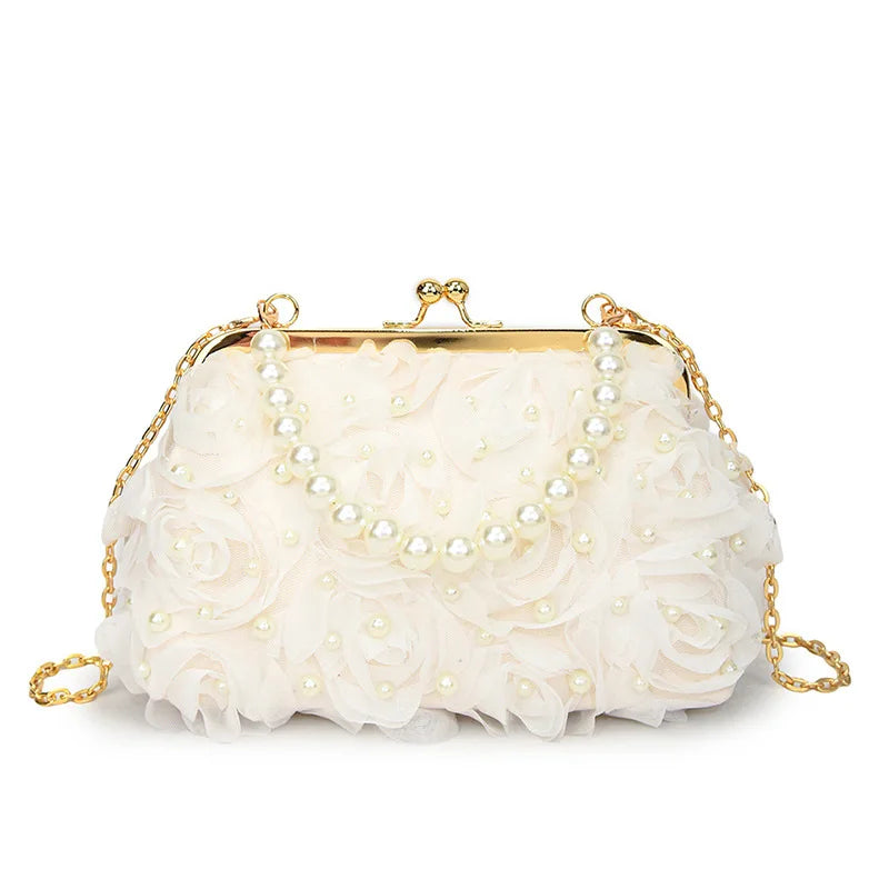 Pearl Floral Chain Evening Crossbody Bag