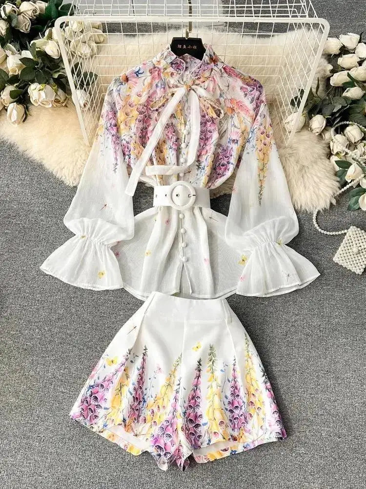 Women's Outfits Bright Silk Chiffon Shirt Blouse Top + Belt Shorts Two Piece Sets Summer Holidays Lavender Flower Shorts Suit