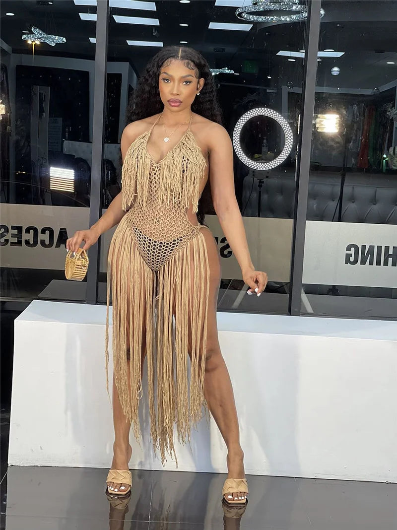 Sexy Crochet Knitted Beach Summer Dress Women Halter V-neck Tassel Backless Maxi Dress Vacation Sheer Long Dresses Swimsuit 2022