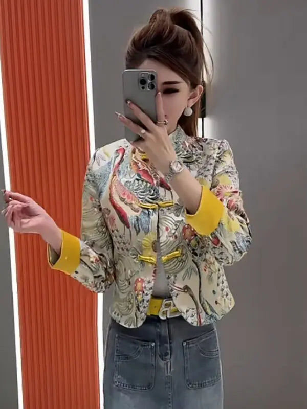 Women Print Coat 2025 Spring New Retro Chinese Printed Splicing Plate Buckle Stand Collar Long Sleeve Short Jacket Women