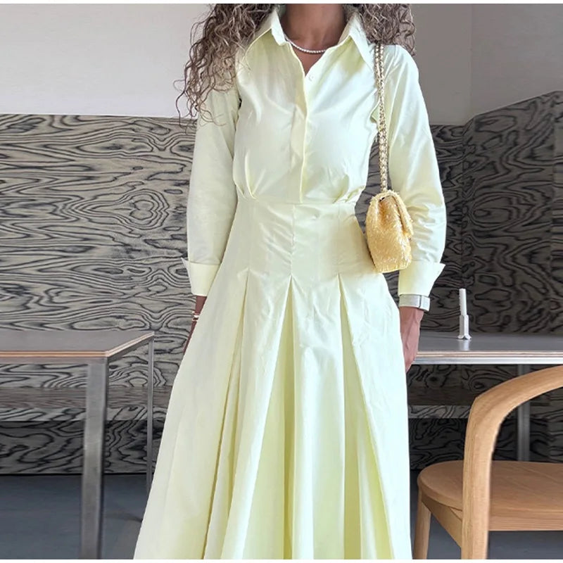 Solid Women's Casual Pleated Long Dress Fashion Lapel Full Sleeve Button Maxi Dress Lady 2025 Early Autumn Chic Street Robes
