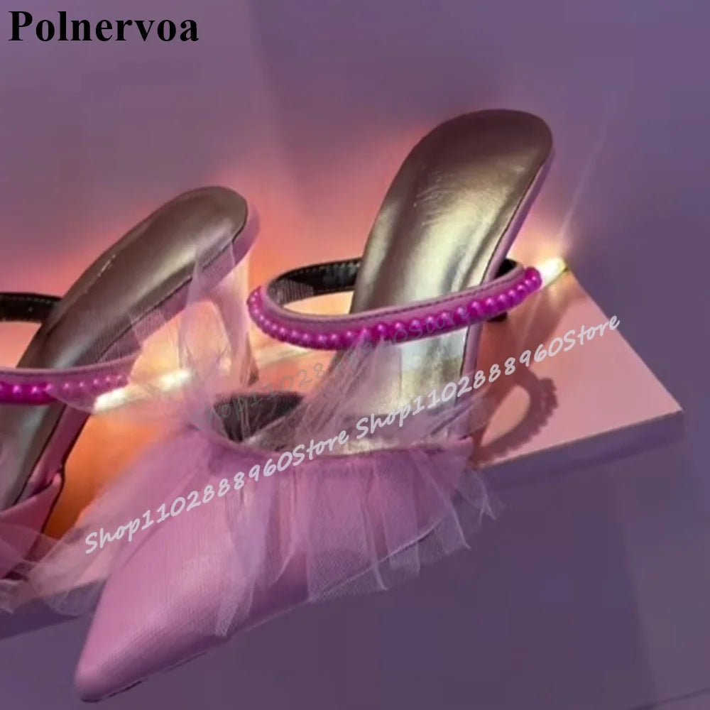 Pink Crystals Strip Air Mesh Pointy Slippers Stilettos High Heel Women Shoes Slip On Pointed Toe Casual Trending Women Slippers