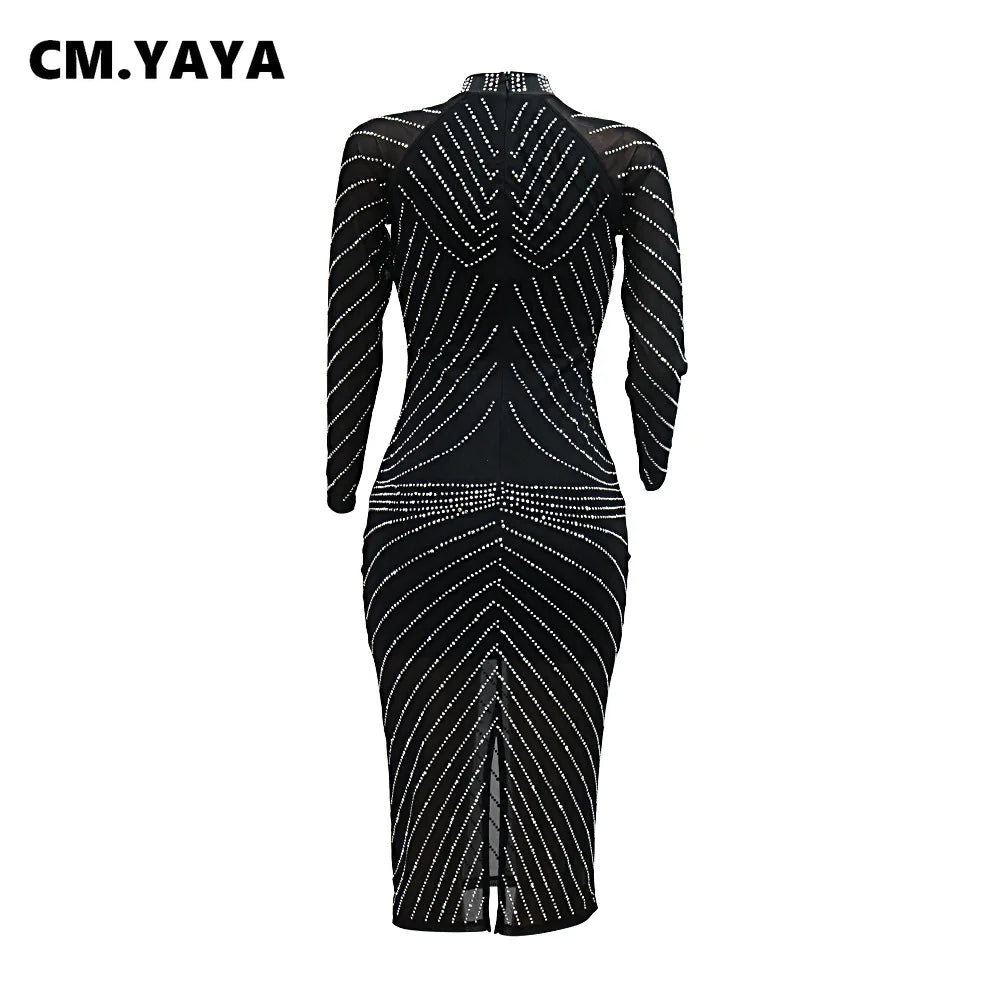 CM.YAYA Women Diamonds Hot Rhinestones Long Sleeve Bodycon Midi Dress 2024 Fall O-neck Evening Club Sexy Party Dresses Vestidos