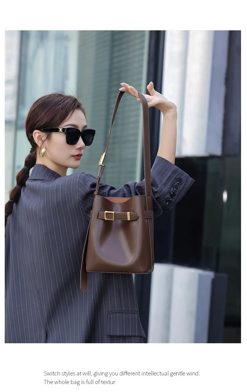 Cow Split Leather Bucket Bag Women Vintage messenger High Quality Simple Handbag Lady Shoulder Bag Luxury Female Crossbody Bags