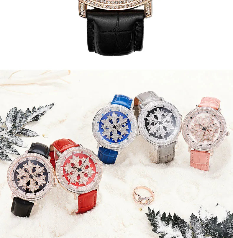 Luxury Davena Spin Snow Flower Women's Watch Japan Mov't Crystal Lady Hours Fine Fashion Real Leather Bracelet Girl's Gift Box