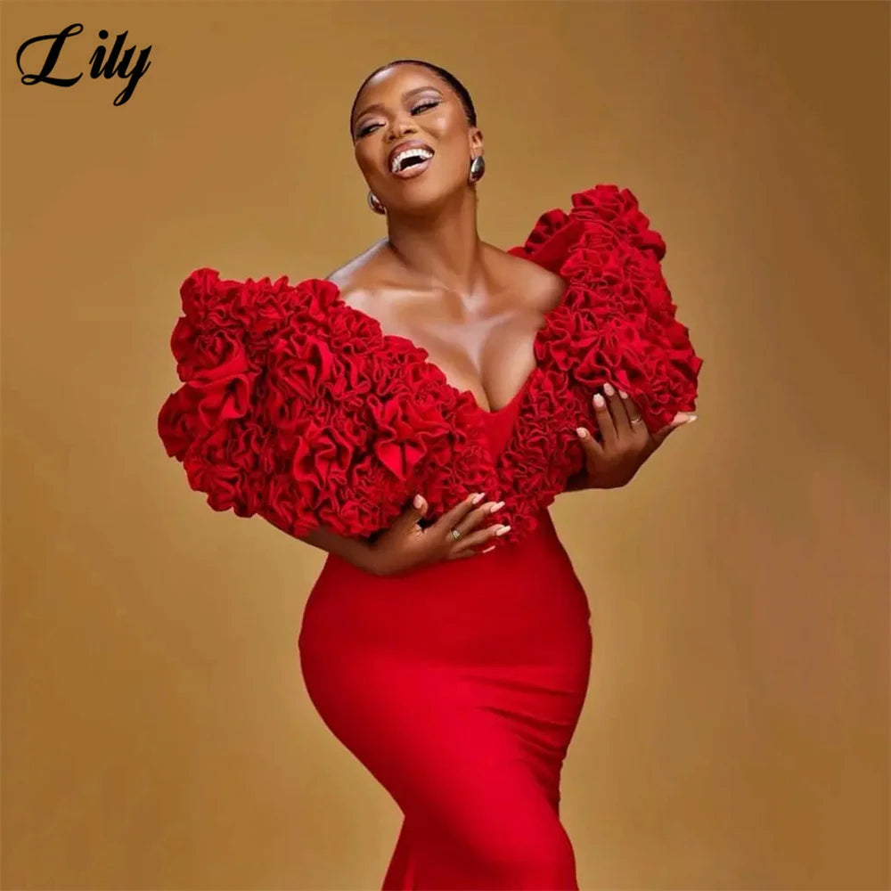 Lily Glamorous Red Prom Dress V - Neckline Mermaid Evening Dresses with Exaggerated Floral - Shoulder Formal Gown Customized