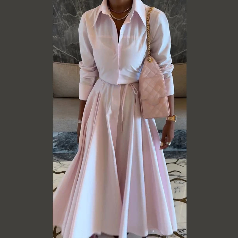 Solid Women's Casual Pleated Long Dress Fashion Lapel Full Sleeve Button Maxi Dress Lady 2025 Early Autumn Chic Street Robes