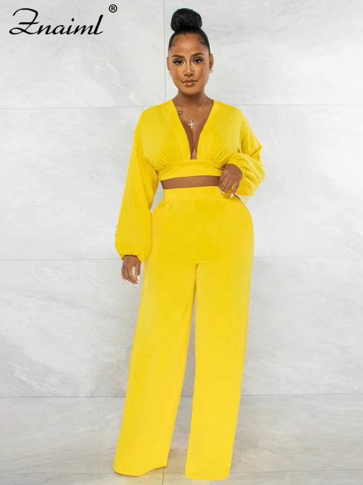 Znaiml Casual Green Two 2 Pieces Wide Leg Pants Sets Women‘s Long Sleeve Deep V-neck Crop Tops and Trousers Birthday Club Outfit
