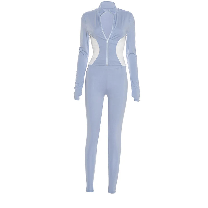 Weird Puss Contrast Patchwork 2 Piece Set Women Tracksuit Sporty Zip Full Sleeve Jacket+Skinny Leggings Daily Casual Streetwear