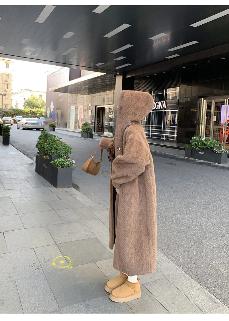  2025 Winter New Thick Women's Long Imitation Mink Plush Cardigan With Integrated Fur Eco-Friendly Hooded Fur Coat Solid Color