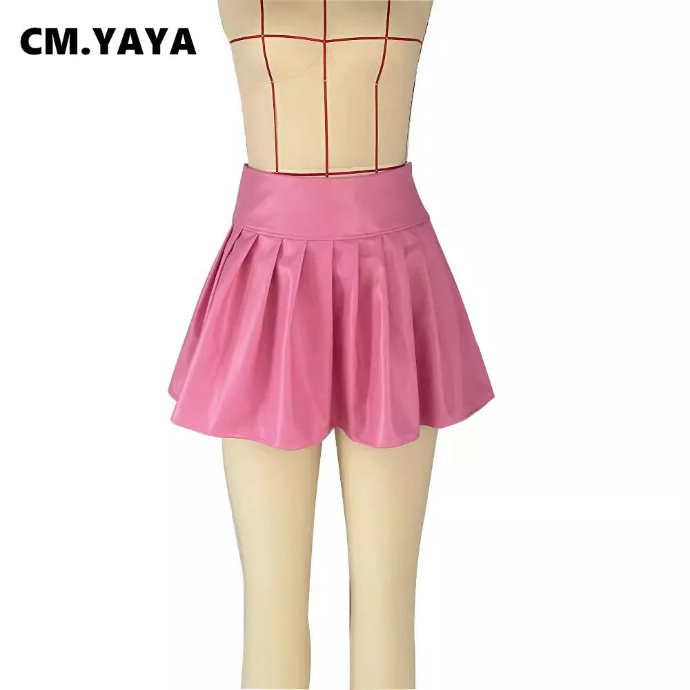 CM.YAYA 2024 Summer Women PU Leather Sexy Pleated Mini Skirt Street Sute Girl Holiday basic Zipper Night Party Club Skirts
