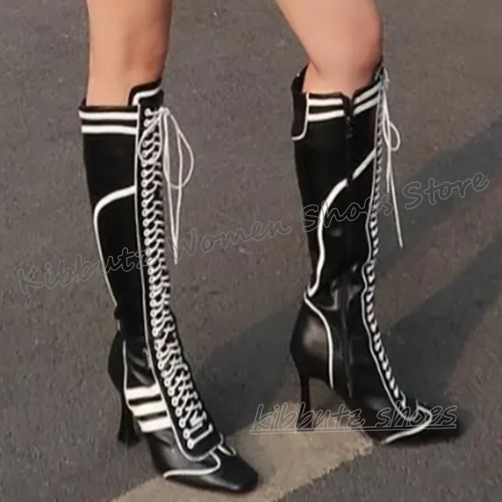 Sewing Knee High Boots Leather Lace-Up Patchwork Square Toe Kitten Heels Fashion Luxury Elegant Concise Sexy Women Shoes Newest