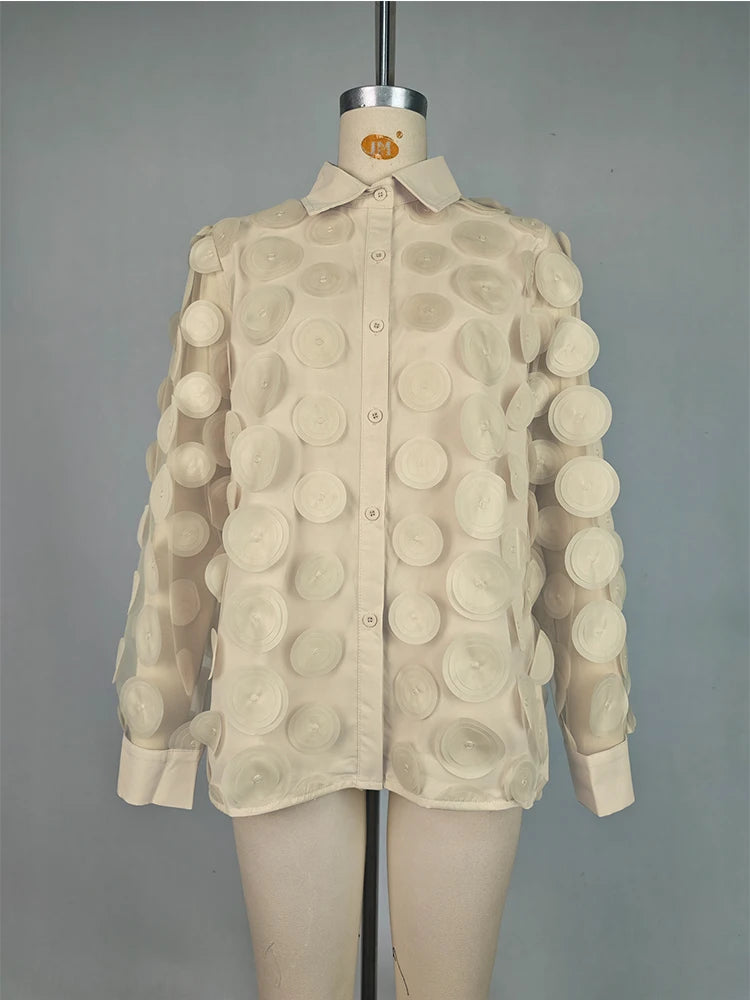 2024 New T-shirt for Women Hollowed Long Sleeves Appliqued Lapel Shirt Urban Female Stylish Loose Fit Buttoned Blouses