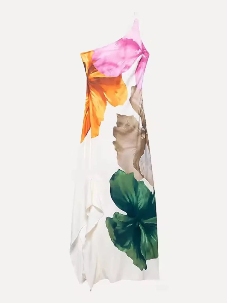 Flower Print Slanted Shoulder Dress Vintage Backless Sleeveless Skinny Irregular Robe For Women 2025 Summer Lady Beach Vestido