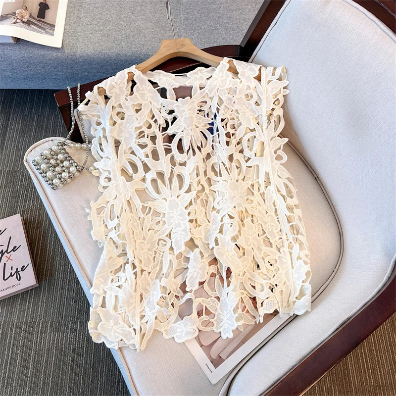 XFPV Solid Color Summer Sunscreen Tops For Women Round Neck Sleeves Hollow Out Design Clothing Female New Fashion 22D1493