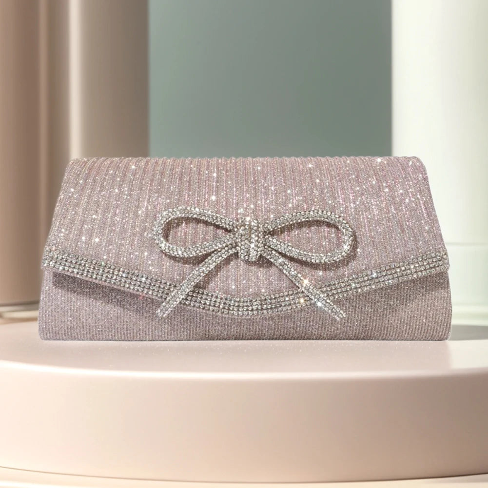 Women Evening Bag Bow Shoulder Bag Glitter Rhinestone Hobo Bag Adjustable Strap Wedding Party Purse