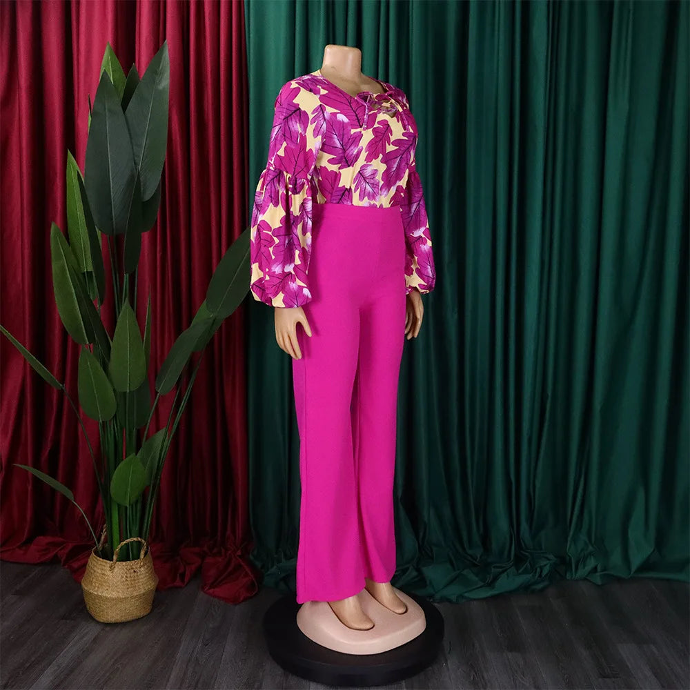 2 Pieces Sets Womens Outfits Two Pieces Outfits Printed Shirts Full Sleeve Long Trouser Fashion Elegant Ladies Matching Sets New
