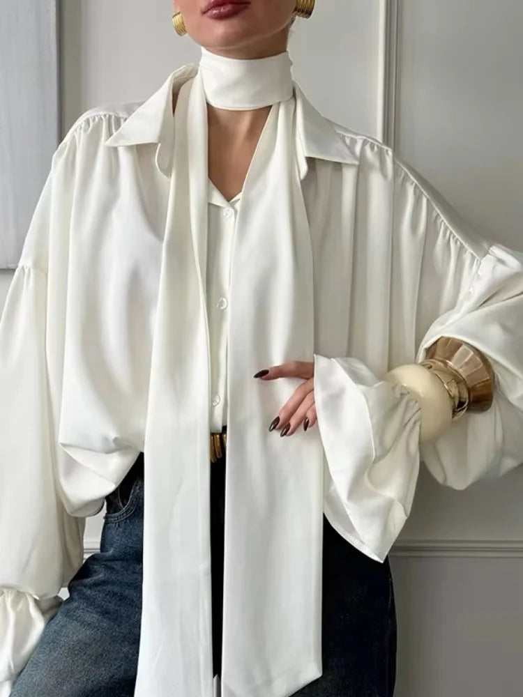 Womens Elegant Blouses & Shirts 2025 Spring Summer Solid Layered Flared Long Sleeves Female Chic Tied Tops Blouse