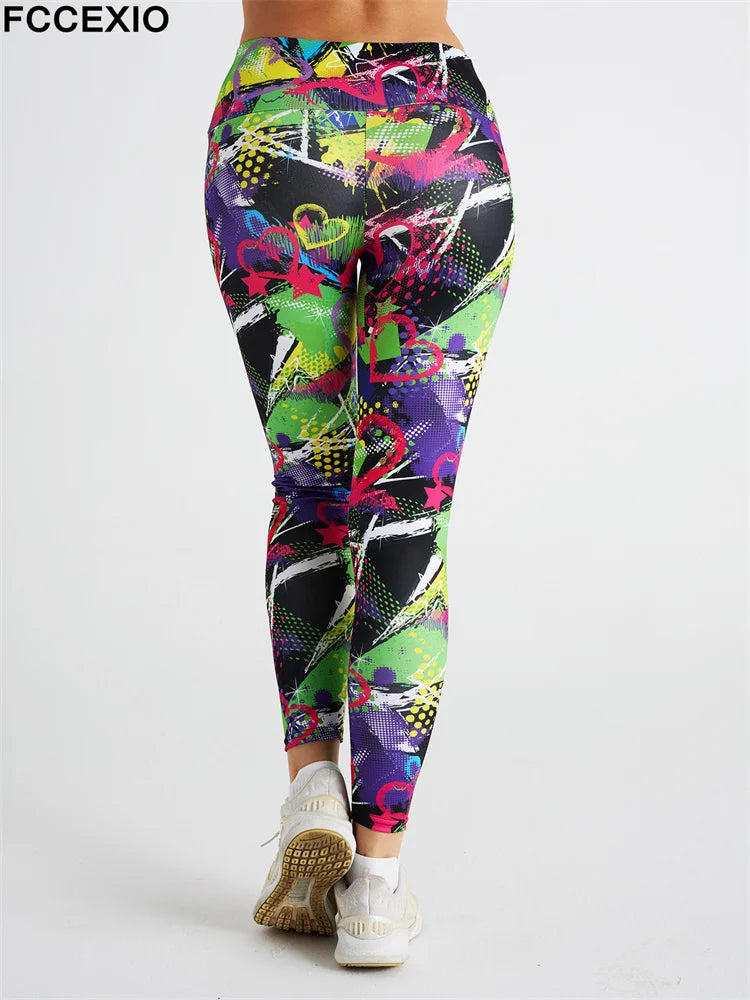 FCCEXIO Hot New Women Leggings Red Lip Love Digital Print Patchwork Fitness Legging Push Up Workout Leggins Pants Sexy Pants