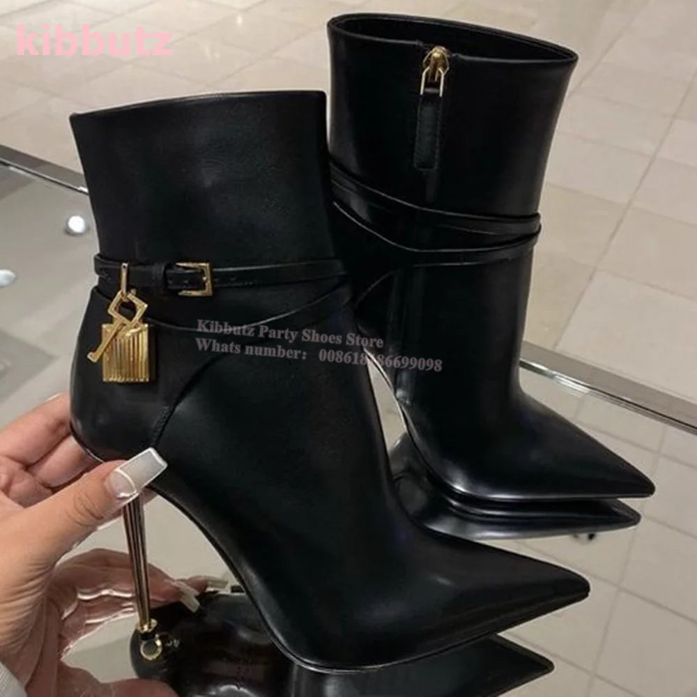 Metal Padlock Key Ankle Boots Genuine Leather Solid Color Pointed Toe Thin Heel Suede Side Zipper Fashion Runway Show Elegant
